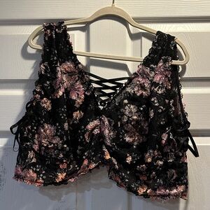 Torrid Black Lace Floral Print XO Lace Up Bralette Bra Top 6X Plus